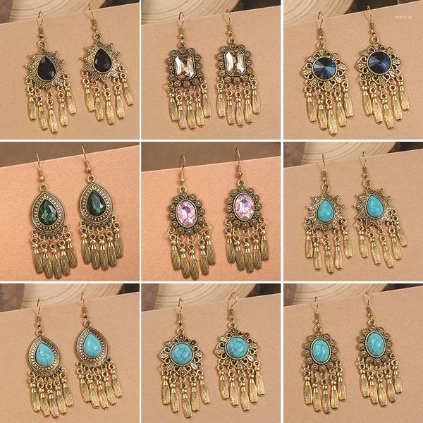 Pendientes de tuerca con borla de Metal turquesa étnico bohemio para mujeres y niñas, Color dorado, piedras de imitación Vintage, joyería geométrica