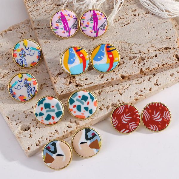 Boucles D'oreilles Bohême Géométrique Rond En Pâte Polymère Pour Femmes Filles Boho Métal Graffiti Motif JewelryStud