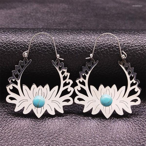 Pendientes de semental Bohemia Yoga Lotus Acero inoxidable Big Hoop Women Color de color Silver Flower Joyería Aro Hombre E9348S04