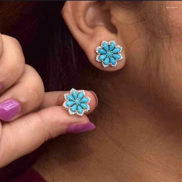 Pendientes de tuerca bohemios para mujer, piedra azul, copo de nieve para mujer, Color plateado y dorado, cristal, doble flor, pendientes de boda, joyería