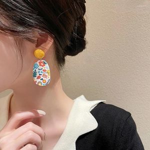 Pendientes de tuerca bohemios pintados con hojas y flores azules para mujer, joyería Tribal hecha a mano, Pendientes colgantes de cristal Vintage