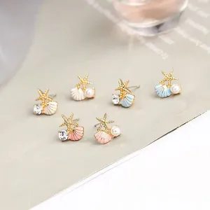 Pendientes de tuerca con forma de estrella de mar bohemia, perla, goteo multicolor, conjunto esmaltado con circonita, Pin plateado, accesorios marinos