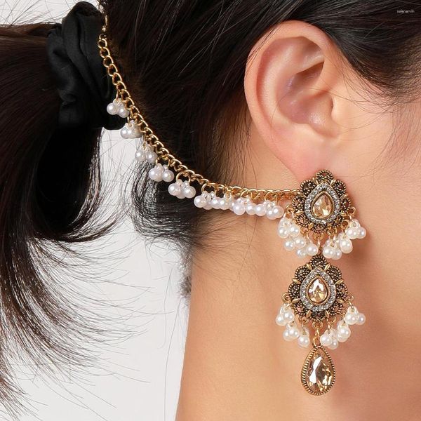 Pendientes de tuerca bohemios con forma de gota de agua para mujer, tocado largo de eslabones, flores de cristal de lujo, borla de perlas, joyería de boda