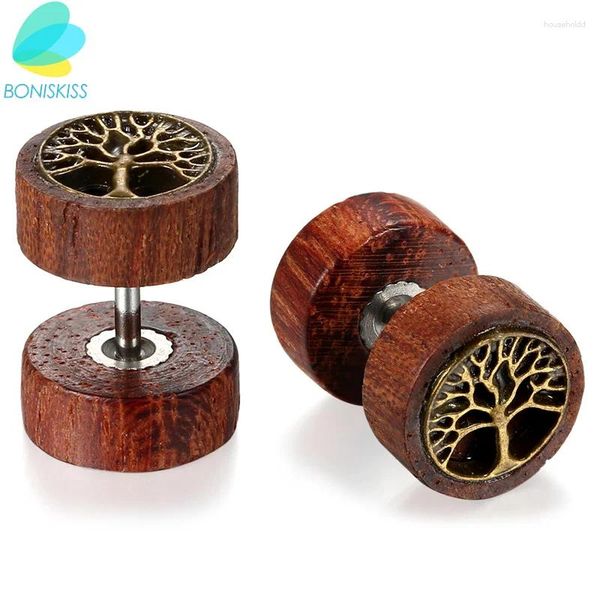 Boucles d'oreilles BONISKISS femmes en bois Boucle D'oreille Femme 2024 Double face rond arbre de vie hommes Punk gothique Barbell