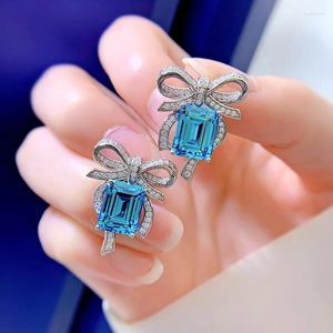 Stud -oorbellen Bowknot 925 Sterling Silver Emerald Cut 8 10 mm vierkante blauwe Topaz Hoge koolstof Diamant edelsteen