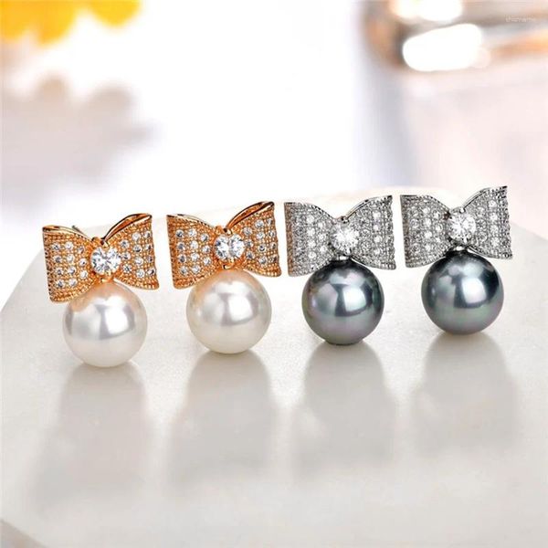 Boucles d'oreilles à tige en forme de nœud papillon pour filles, micro pavées de minuscules pierres CZ et perles simulées, bijoux tendance de style coréen, cadeau