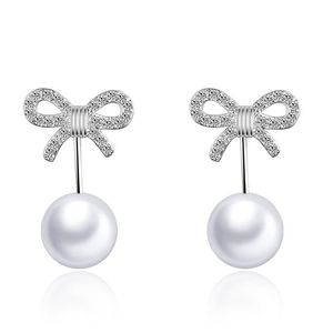 Boucles d'oreilles Stud Brand Full Crystal Pave Bowknot Chic Girls Fashion 925 Silver Pearl Pendant For Engagement Wedding Party