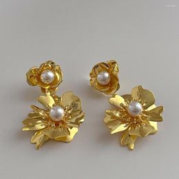 Boucles d'oreilles marque fleur en métal pour femmes Bijoux Vintage femme perle boucle d'oreille Hyperbole Hip Hop Bijoux floraux