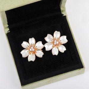 Stud Earrings Brand Pure Sterling 5 Leaf Clover Cherry Flower Design Parels Rose Gold Luxurystud Studstud