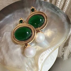 Boucles d'oreilles en laiton rétro, pierre verte, coquille de perles, bijoux pour femmes, Punk, robe de soirée, défilé, tendance, Style coréen et japonais INS