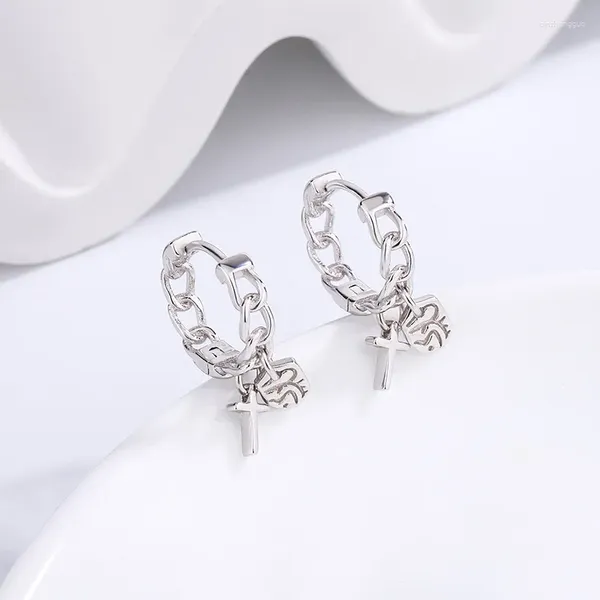 Boucles d'oreilles à clous, chaîne à boucle pour hommes et femmes, avec pendentif en bloc d'argent croisé, tendance, Style Cool, pour assister au Concert d'idole