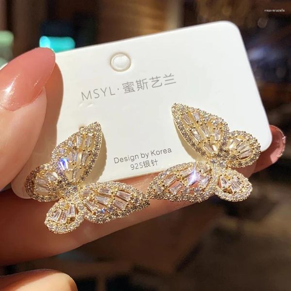 Pendientes de tuerca con forma de mariposa para mujer y niña, joyería de moda coreana chapada en oro y plata, cristal de lujo bonito 2023