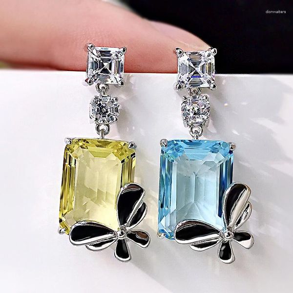 Boucles d'oreilles papillon en argent sterling 925 taille émeraude 8 10MM carré topaze bleue à haute teneur en carbone diamant pierres précieuses balancent bijoux fins