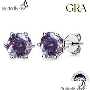 Stud Oorbellen Butterflykiss 6,5 mm 100 Faced Cut Moissanite Diamond Classic S925 Sterling Sier Earring voor vrouw Fijne sieraden Drop Deli Dhfxl