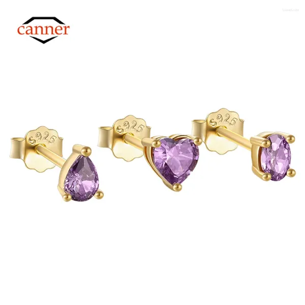 Boucles d'oreilles CANNER 3 pièces violet Zircon 925 boucle d'oreille en argent Sterling pour femmes coeur bijoux fins accessoires 18K or maman cadeau