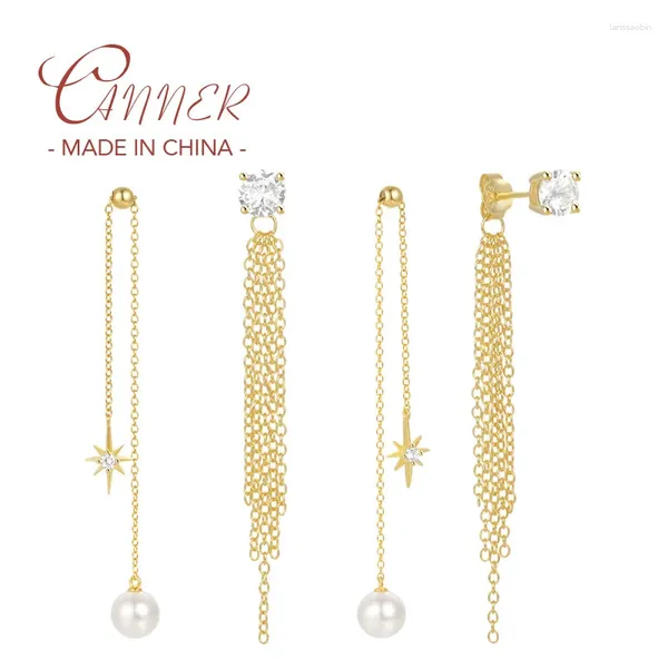 Boucles d'oreilles goujon conservatrices 925 Sterling Silver Star Zircon Pearl Tassel Chain Piercing for Women Fine Jewelry Cadeaux Brincos Pendientes