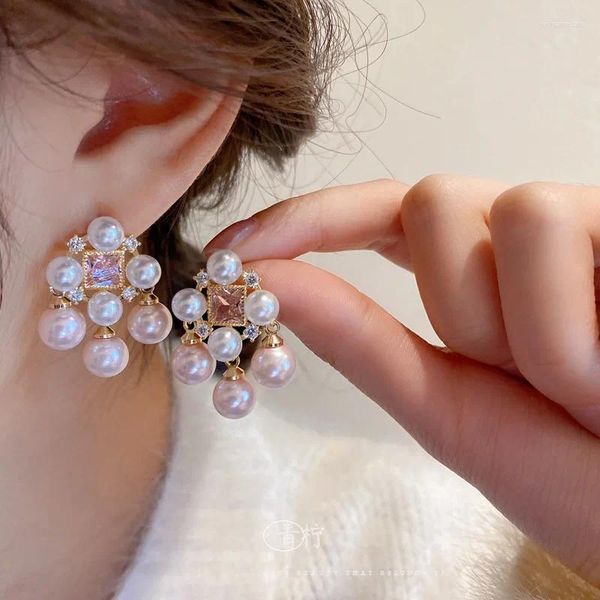 Boucles d'oreilles CANPEL 2023 Corée Vintage Imitation Perle Goutte Pour Femmes De Luxe Rose Zircon Cubique Zircone Élégant Bijoux De Fête