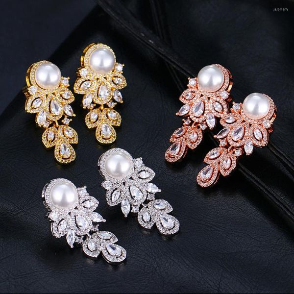 Boucles d'oreilles CANPEL mode zircone grande perle pour les femmes feuille forme balancent mariée mariage fête bijoux