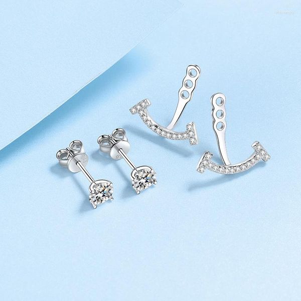 Pendientes de tuerca con certificado de moissanita para mujer, aretes con sonrisa de diamante, pendiente de chaqueta para oreja, parte delantera y trasera Simple, joyería fina de plata 925