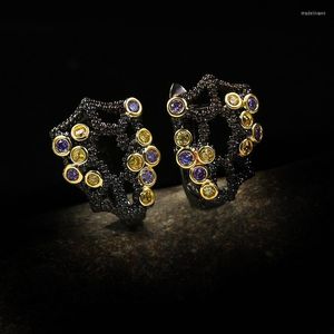 Stud -oorbellen Charlinliol Tungsten sieraden Hollow Flower Amethyst For Women Vintage Black Gold Ear American Accessoire