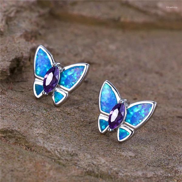 Boucles d'oreilles goujon féminine Feme Blue Fire Opal Stone Papillon