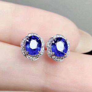 Pendientes de tuerca elegantes con flor pequeña, cristal azul, piedras preciosas de zafiro, diamantes para mujer, Color blanco, oro y plata, joyería fina de moda