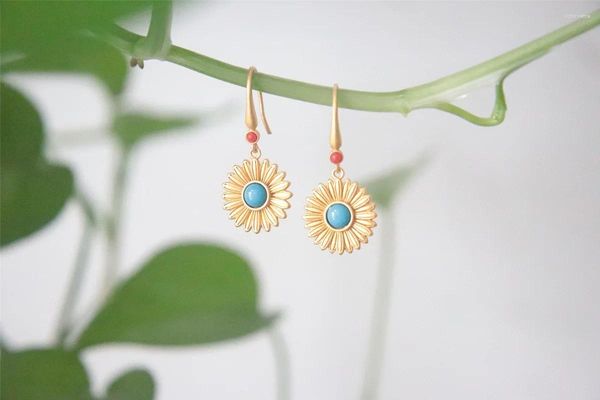 Pendientes de tuerca de estilo chino, corte de oro francés antiguo, Retro, turquesa con incrustaciones, ropa Han, traje Cheongsam, Margarita redonda