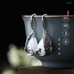 Stud -oorbellen Chinese stijl klassiek temperament voor vrouwen electroplimeren Thaise zilveren ambacht imitatie Jade Peacock Vintage