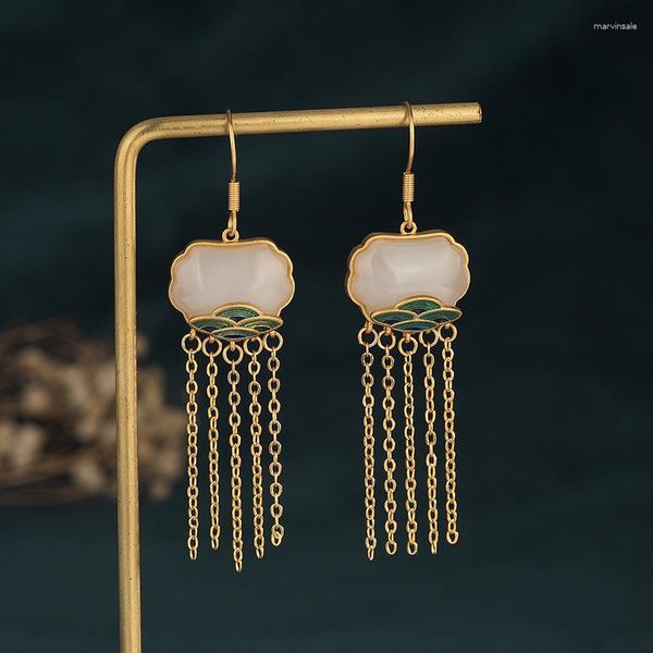 Pendientes de tachuelas Estilo chino Color dorado Long Tassel para mujeres imitación de moda Jade Lady Lady Joya de fiesta elegante