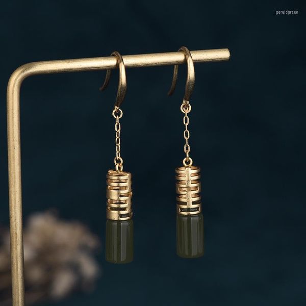 Pendientes de tuerca de estilo chino con personajes Vintage colgantes para mujer, joyería de fiesta simétrica de Color dorado de Jade de imitación