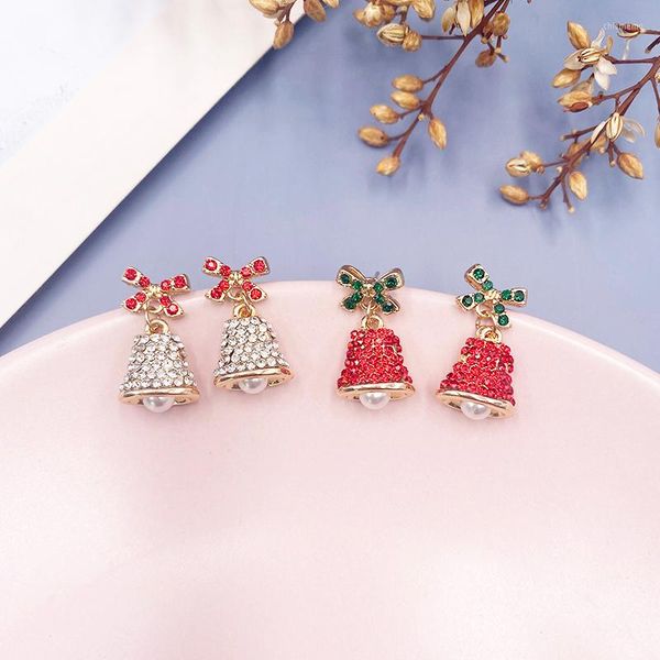 Boucles d'oreilles cadeaux de noël filles femmes Jingle Bell vert rouge strass mignon cristal arc bijoux de mode