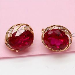 Boucles d'oreilles classiques plaquées or violet 585, Rose 14K incrustée de rubis ovale pour femmes, série romantique de mariage, bijoux de haute qualité, cadeau