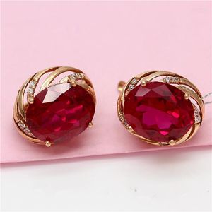 Stud Earrings Classic 585 Purple Gold Plated 14K Rose ingelegde Oval Ruby For Women Series Romantic Wedding High Sieraden Gift