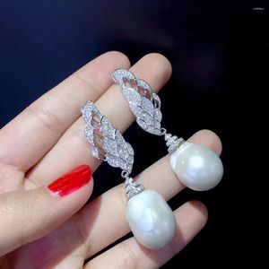 Pendientes clásicos de gran barroco, pendiente de perlas naturales de agua dulce, joyería fina de plumas de Plata de Ley 925 larga