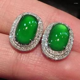 Boucles d'oreilles Classic Design Natural Green Chalcédoine Ovales Ovales Crystal Shining For Women Light Luxury Silver Fashion Bijoux