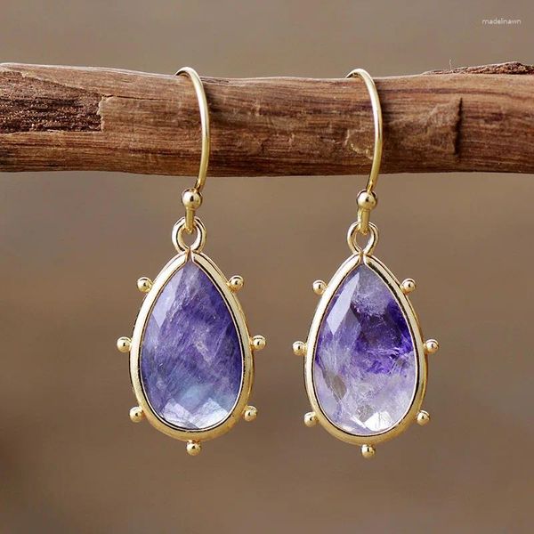 Pendientes de aro clásicos chapados en oro con forma de gota de agua y fluorita, joyería elegante de piedra Natural, regalos creativos