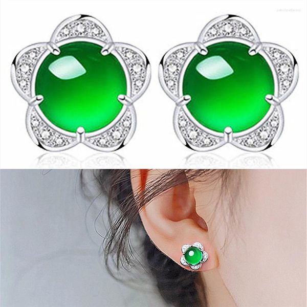 Boucles d'oreilles Classical Fleur Green Jade Emerald Gemmstones Diamants pour femmes Bijoux de couleur argenté en or blanc