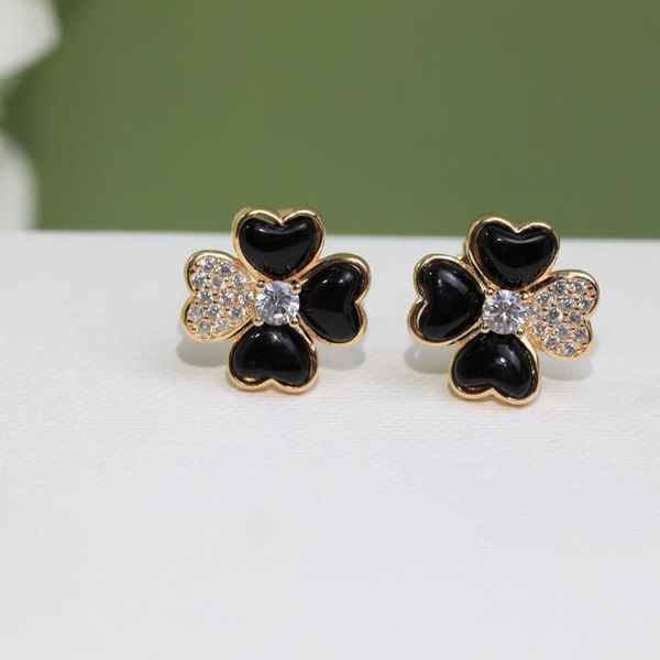 Boucles D'oreilles Clover Lucky Grass Argent Sterling S925 Incrusté D'agate Noire Belle Et Généreuse Pour Les Fêtes