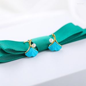 Oorknopjes CMajor S925 Sterling Zilveren Sieraden Met Vergulde Kleine Leuke Ginkgo Bladeren Turquoise Parel Voor Vrouwen