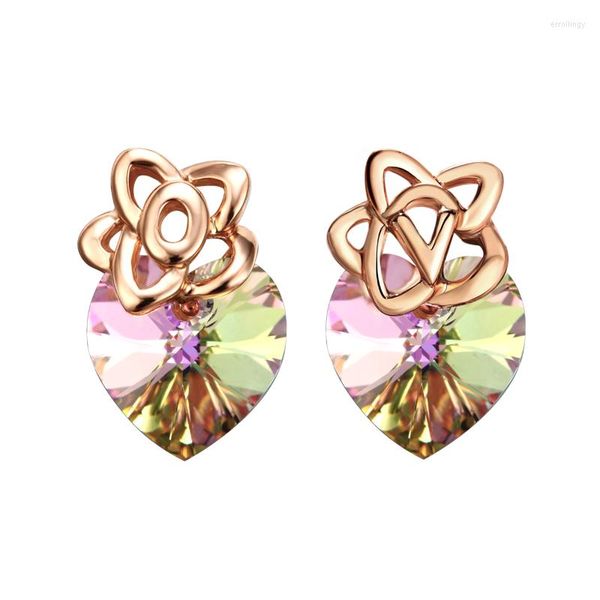 Pendientes de botón COCOM 925 Flor de plata esterlina Oro rosa Pulido fino Cristales en forma de corazón púrpura de Austria Joyería