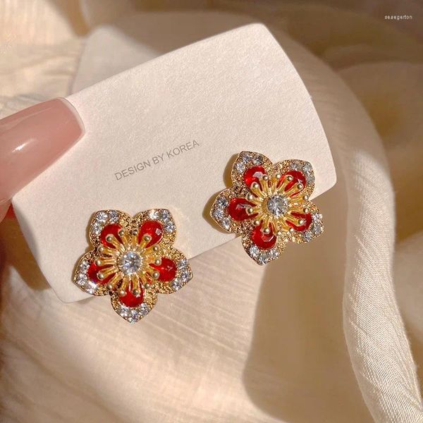 Pendientes de tuerca coloridos L luz francesa flores rojas de lujo S925 plata esterlina para mujeres niña boda fiesta joyería de moda regalos