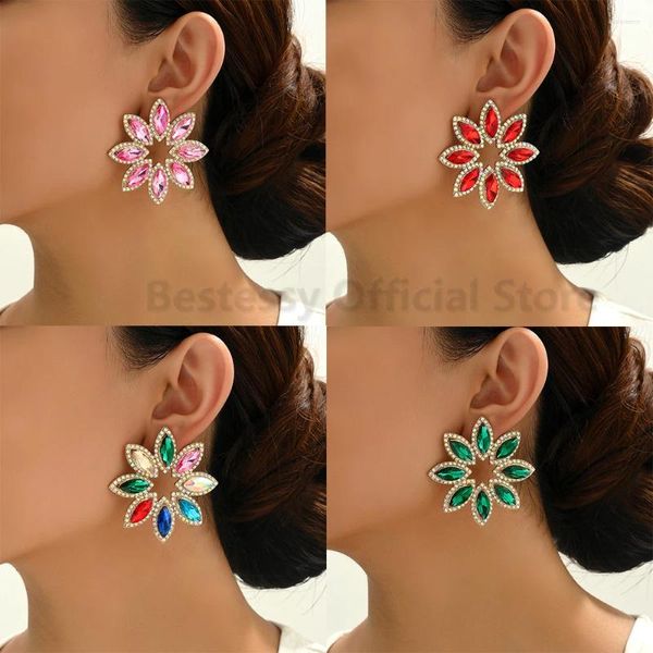 Boucles d'oreilles avec strass colorés et brillants pour femmes, bijoux de luxe, mode coréenne, fleur, Piercing, Vintage, accessoires d'oreille, 2024