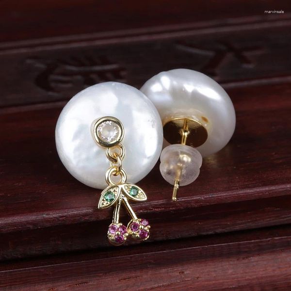 Aretes Colorido Vino Blanco Cz Pequeña Rama De Cereza Doble Colgar Encantos Moneda Natural Perla De Agua Dulce Encanto Pendiente Unisex