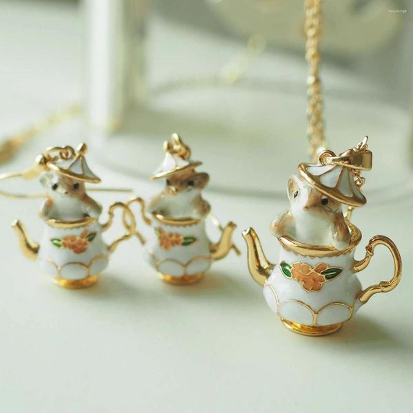 Boucles d'oreilles Creative mignon dessin animé tasse de thé fleur châtaigne hamster collier à la main goutte à goutte colle zodiaque rat pendentif ensemble pour les femmes cadeau