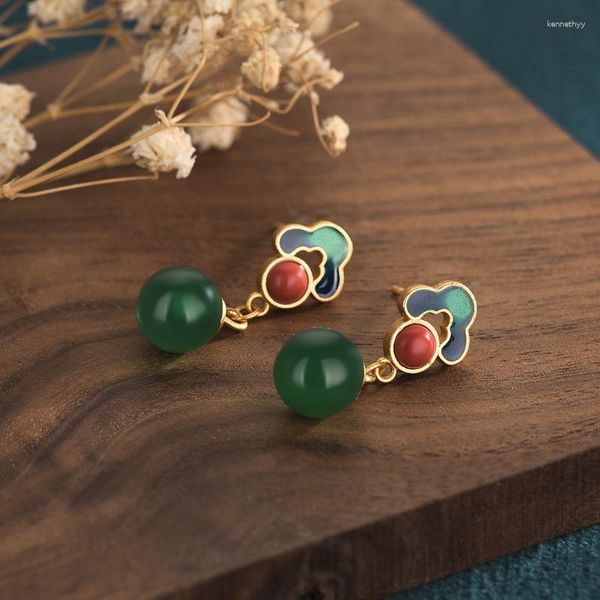 Pendientes de tuerca Diseño creativo para mujer Estilo chino Esmalte Color Cobre Chapado en oro Retro Verde oscuro Jade Bead Jewelry