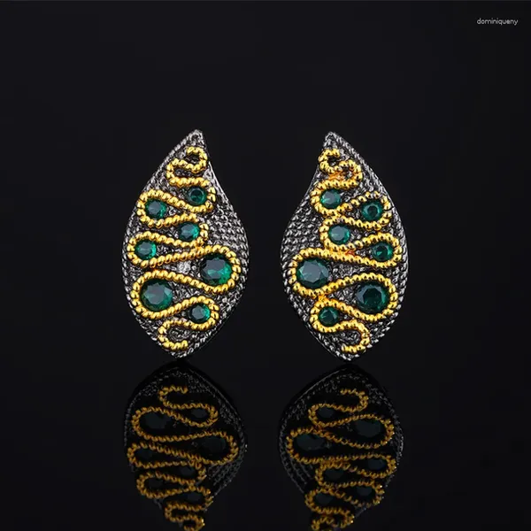 Pendientes creativos para mujer, conjunto elegante en forma de hoja con perla verde, joyería de oro negro, estilo bohemio