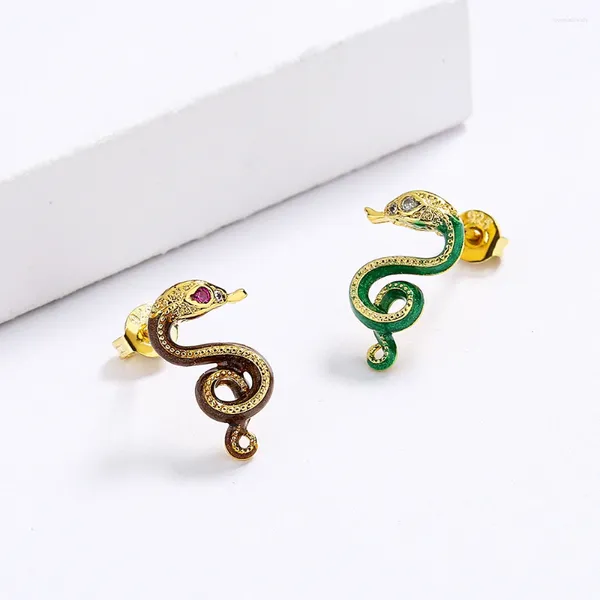 Boucles d'oreilles créatives faites à la main, serpent marron et vert, émail époxy coloré asymétrique, bijoux de fête d'anniversaire pour dames, Gif