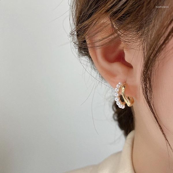 Pendientes de tuerca creativos coreanos para prevenir alergias, perlas dobles para mujeres y niñas, moda INS, joyería de fiesta de cumpleaños chapada en oro de Francia