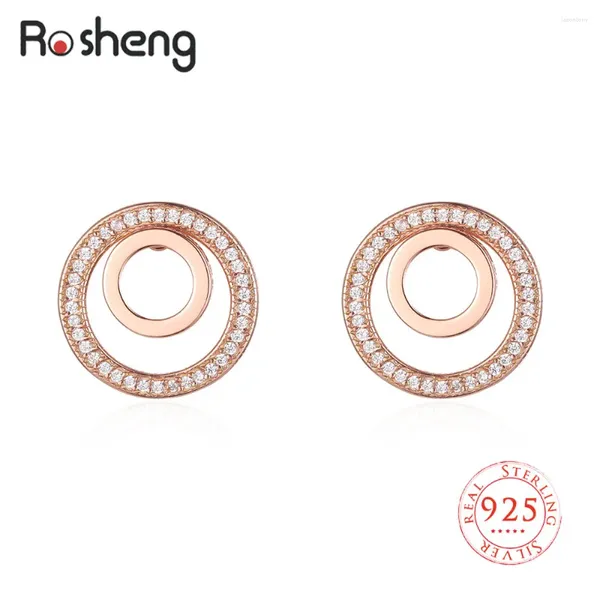 Pendientes de semental Creative Real 925 Silver Zircon 15 mm Círculo de doble capa Diseño de oro rosa para mujeres Regalo de joyería fina de alta calidad