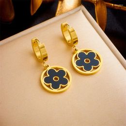 Pendientes de botón Temperamento creativo Marca redonda Planta acrílica Flor de cinco hojas Hebilla de oreja Joyería de acero inoxidable de lujo para mujer Trébol